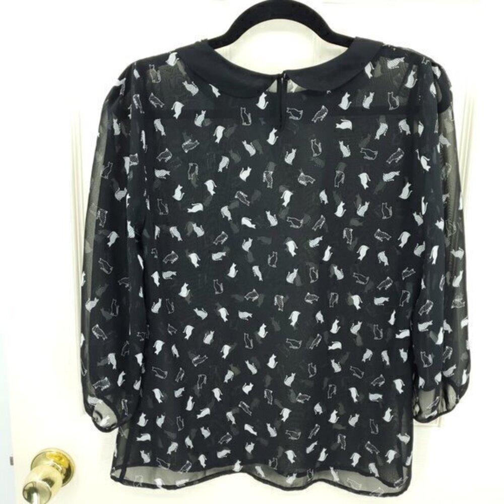 Marks & Spencer Sheer Cat-Print Peter Pan Collar Blouse Black US 8 Halloween - Picture 2 of 16